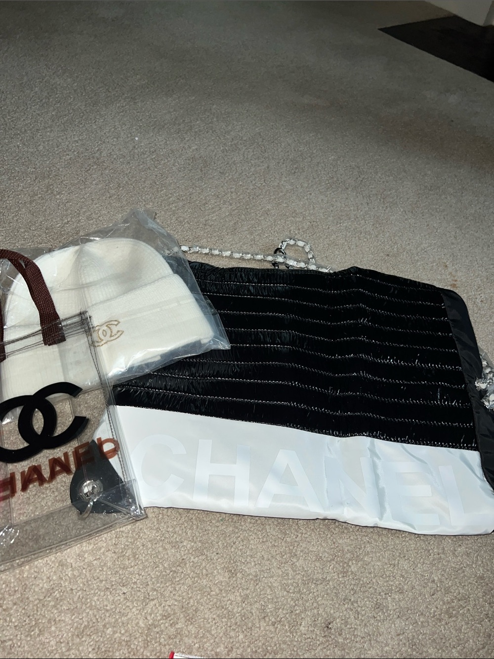 Black and White Quilted Logo Tote with Chain Strap; CC bean hat and mini bag